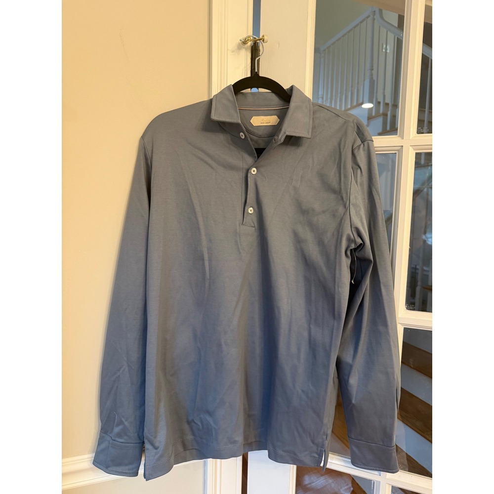Aurelien Smart Luxury Mens Long Sleeve Polo Shirt Blue Grey Cotton Jersey Sz L